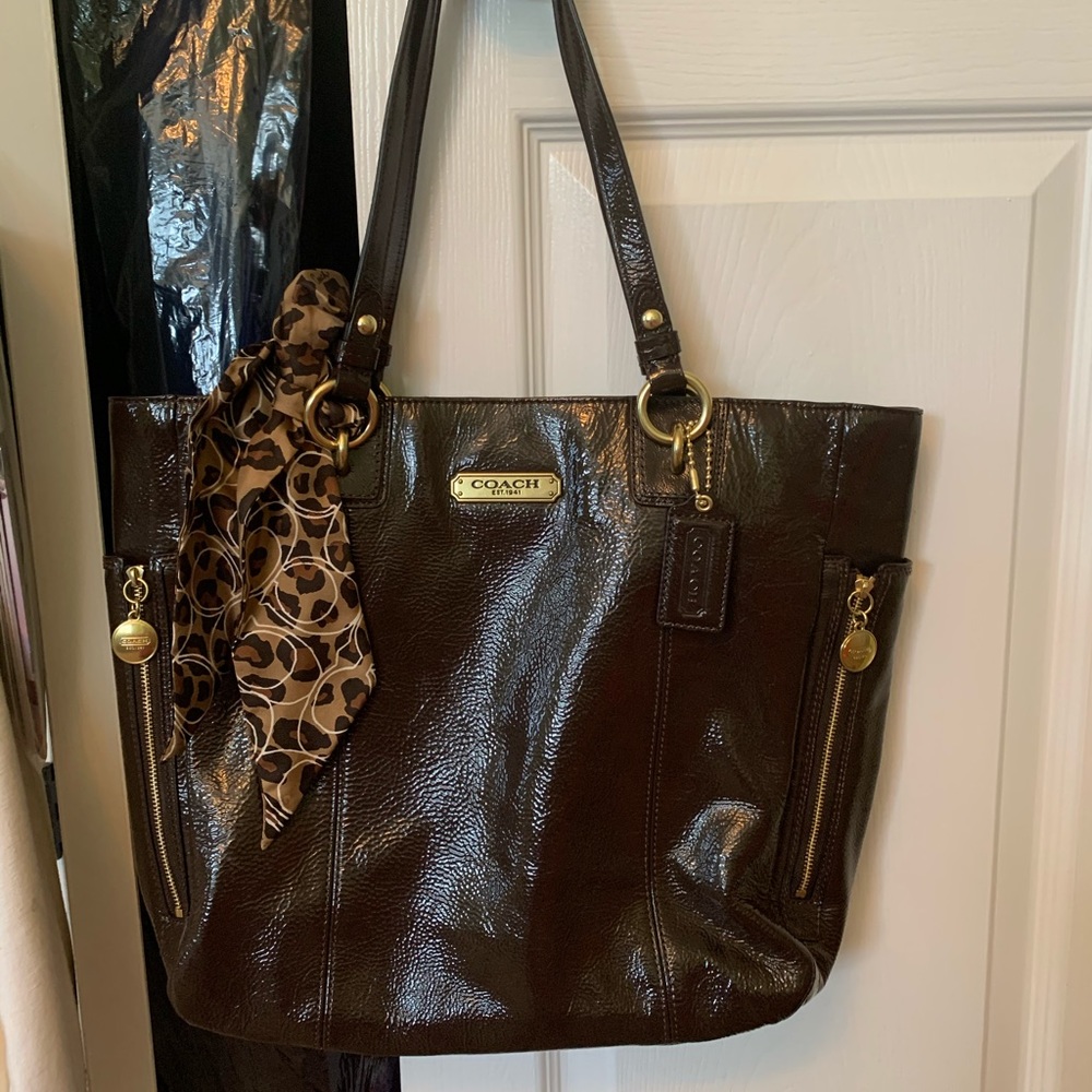 Coach Brown leather shoulder bag w/Coach scarf